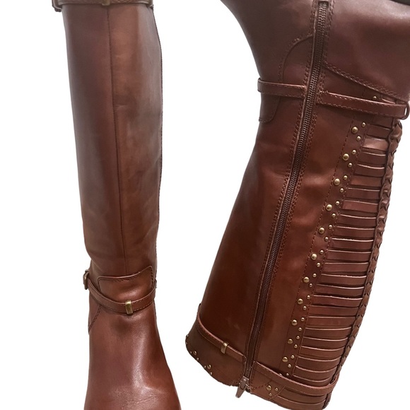 Gianni Bini Tall Brown Leather Boots Studded MotoWoven Shaft Riding Fall Style - Picture 5 of 14